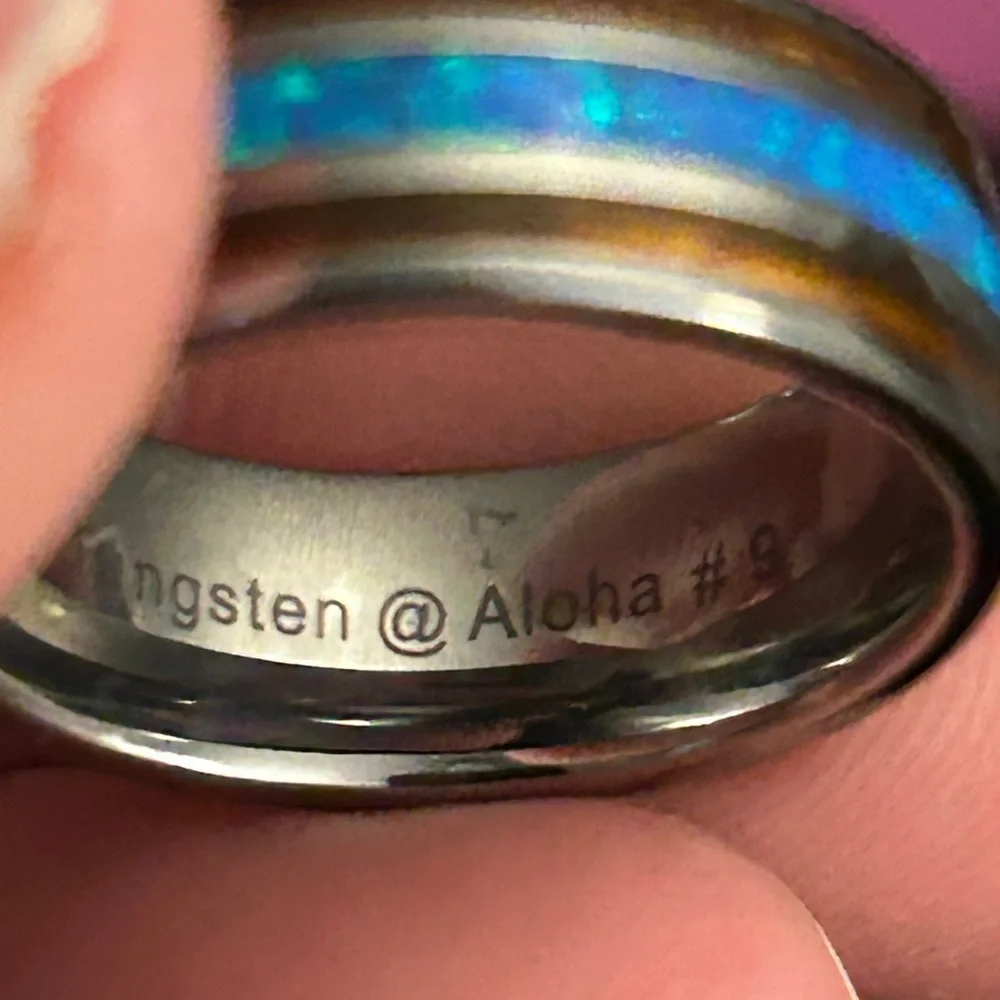 Tungsten Carbide inlaid Hawaiian Koa Wood With Opal Ring Size 9